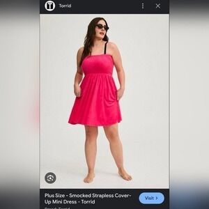 Torrid Smocked Strapless Swim Cover-Up Mini Dress Hot Pink Plus‎ Size 3 3X